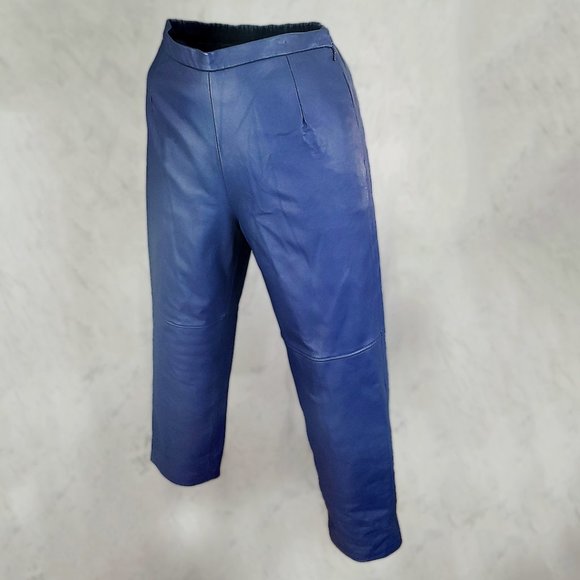 Navy Blue Leather Pants Terry Lewis Classic Luxuries NWT - Picture 4 of 12